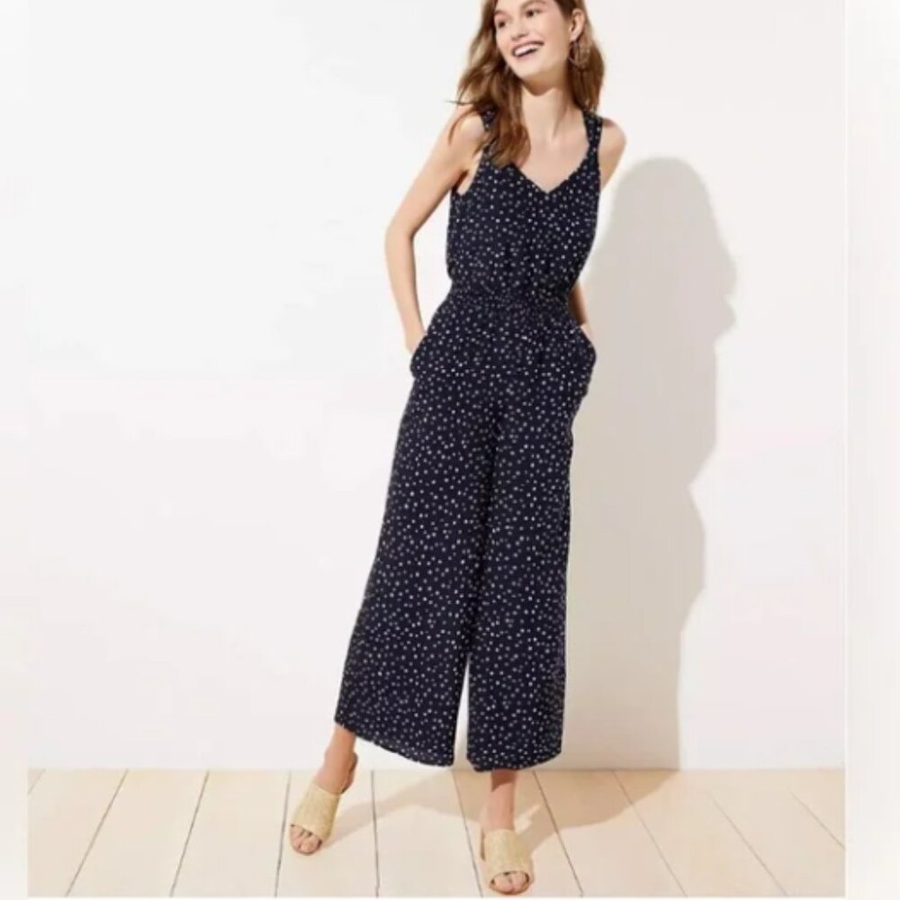 NWT Loft Navy Blue Polka Dot Smocked Wide Legs Jumpsuit with Pockets Size 2 - Picture 2 of 15